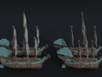 Cartoon fantasy asion ships Polygonal Style Low-poly 3D model