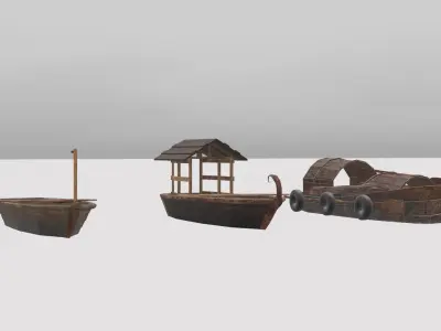 CANOE-BOAT group of wooden boats and house Free low-poly 3D model