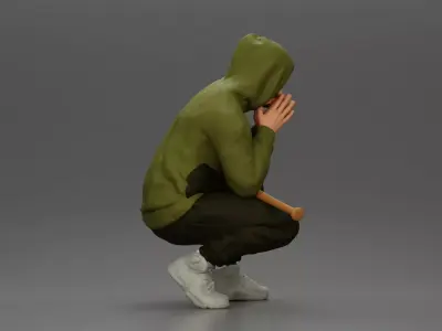 Gangster crouching low in green hoodie holding bat planning move 3D print model