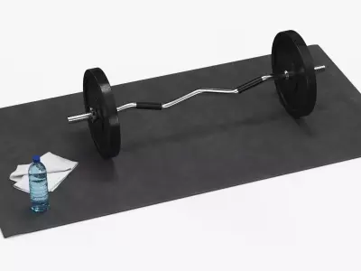 Strength Training Setup with Curved Barbell on Black Mat 3D model