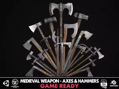 Medieval Weapon - Axes and Hammers Low-poly 3D model
