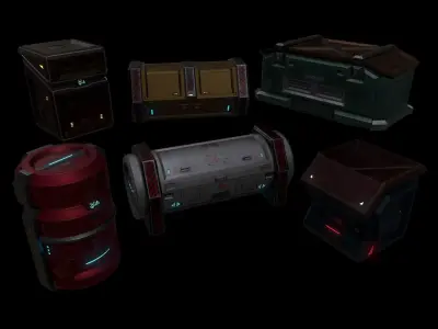 6 Models Scifi Crate Pack Openable Door Low-poly 3D model