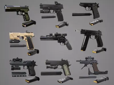 9 pistol Rigged Collection 02 All PBR Unity UE Textures 3D Model Pack