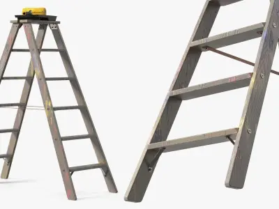 Wooden Painting Ladder Tool with Paint Roller 3D model