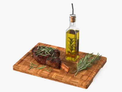 Wooden Board with Meat and Rosemary Oil 3D model