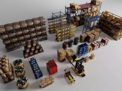 Warehouse Props Pack Pallets Barrels Crates Forklifts Racks Low-poly 3D model