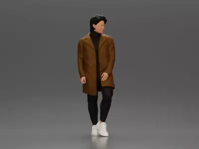 Man in brown coat glances sideways dressed in stylish winterwear 3D print model