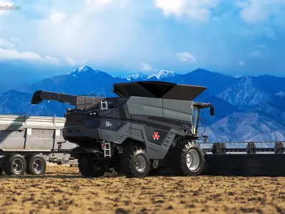 Harvester Massey Ferguson with Tractor with Agricultural Trailer 3D model