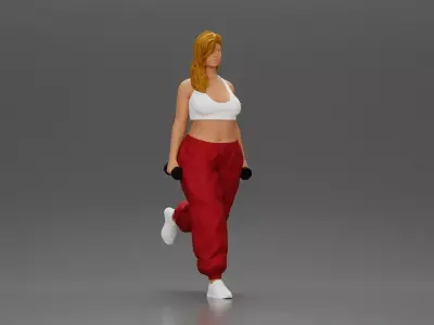 Strong woman power walking with dumbbells wearing top and pants 3D print model