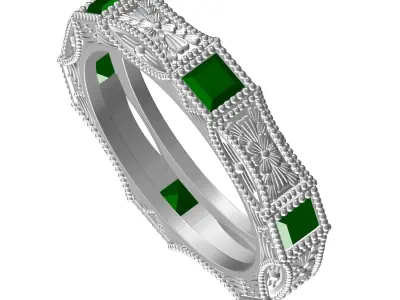 Antique Green Princess Diamond Engraving Wedding Band 3D print model