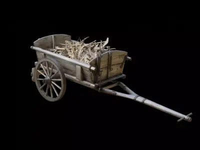 Wooden Cart with sticks Loaded Low poly 3D model