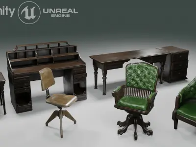 antique office furniture pack Low-poly 3D model