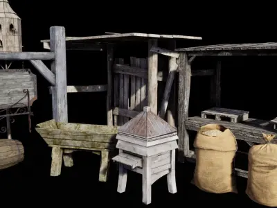 Medieval Fantasy Town Props Pack of 25 high quality  models Low-poly 3D model