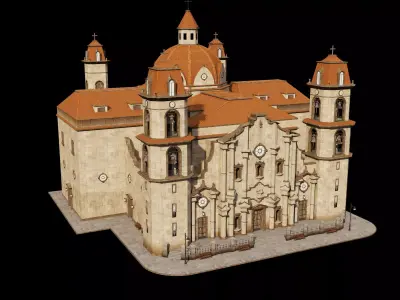Colonial Church Twin Bell Towers Dome Orange Roof Baroque Low-poly 3D model