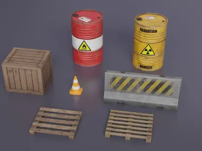 Warehouse Barrels-Pallets-Crates-Traffic Elements Collection  3D Model Pack