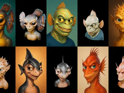 Head Fish bundle 14 pack 100 glb Low-poly 3D model