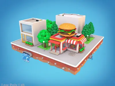 Cartoon City Block Burger Cafe Bank Low-poly 3D model