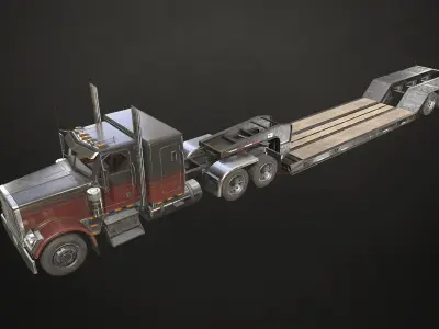 Flat Top Semi Truck Lowboy Trailer Low-poly 3D model