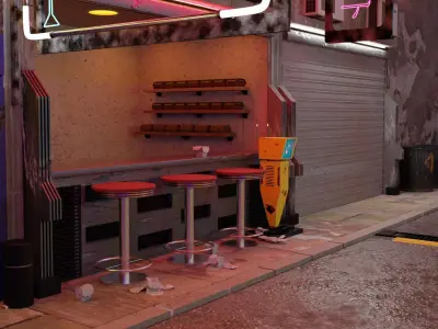 Chairs three bar stools in industrial setting 3D model