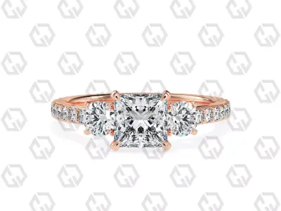 Ring 128 Princess cathedral pave set shank 3 stone ring 3D print model