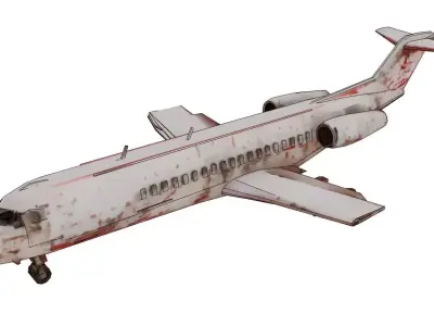 Wrecked civil aircraft among ruins 3D model