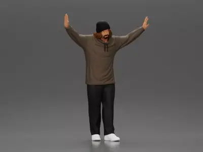 Man wearing hoodie and beanie raises hands looking happy 3D print model