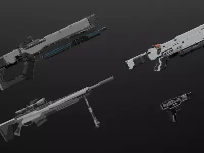 4 RIGGED SCIFI GUNS Low-poly 3D model