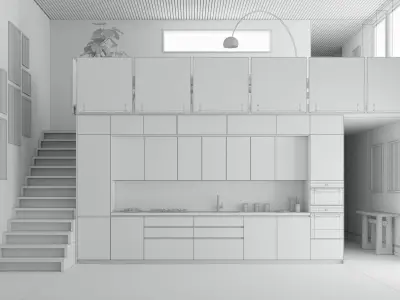 Linear Modern Kitchen blue and chrome with industrial staircase 3D model