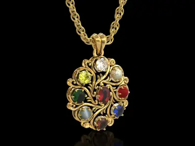 Navratna Oval Antique Filigree Pendant 3D print model