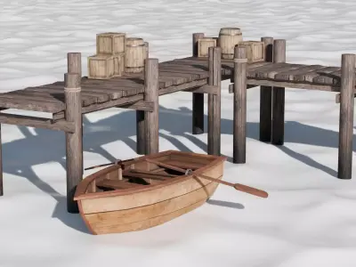 Dock set with boat barrel and crate Low-poly 3D model