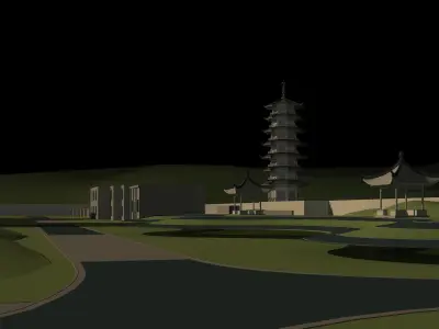 Architecture building in middle of grassy field 3D model