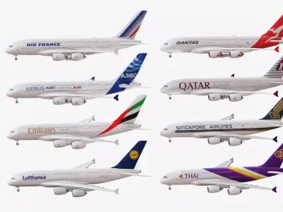 Bundle Airbus A380 pack 8 Airplanes Low-poly 3D model