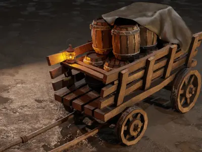 A stylized medieval cart with a lamp and barrels Low-poly 3D model