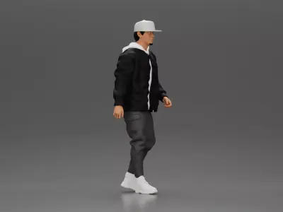 urban man walking in black jacket white hoodie cap and sneakers 3D print model