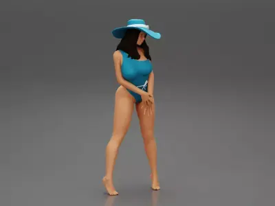 Sexy woman posing in swimsuit and white hat 3D print model