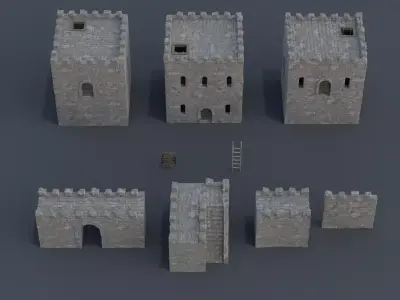 Modular castle old medieval tower kit Low-poly 3D model