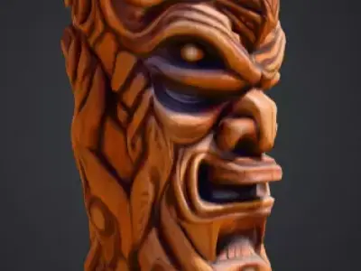 Twisted Wooden Totem with Grotesque Abstract Faces Low-poly 3D model