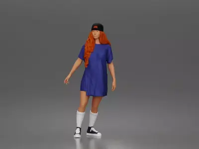 Skateboard girl in long shirt and cap gliding smoothly forward 3D print model