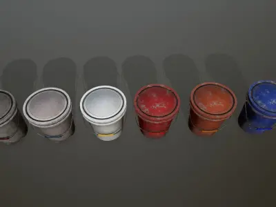 Bucket different colored buckets in row Low-poly 3D model