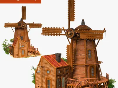 old mill with barn wild west   high-poly textured 3D model