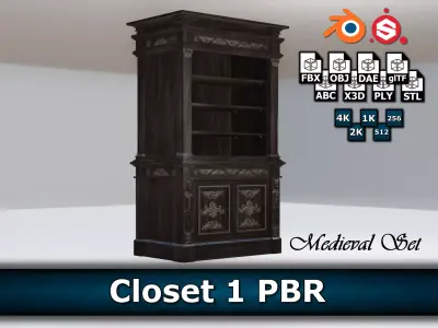 Closet 1 PBR ornate bookcase Low-poly 3D model