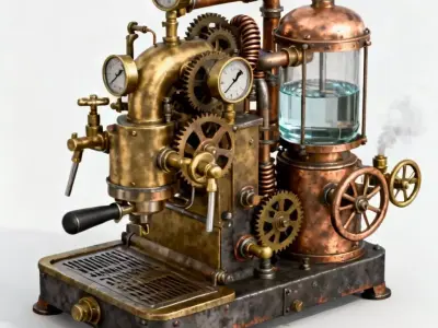 Steampunk Espresso Machine 3D Model - Brass Coffee Maker Low-poly 3D model