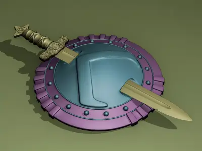 Medieval Rusty Shield with Sword Low-poly 3D model