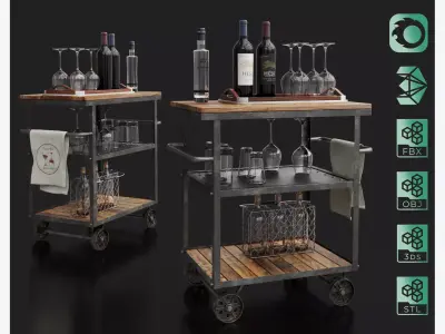Industrial Loft Bar Trolley with bottles and accessories 3D model