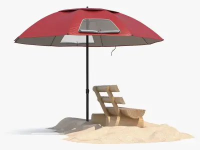 Beach Umbrella with Wooden Bench on Sand Red 3D model