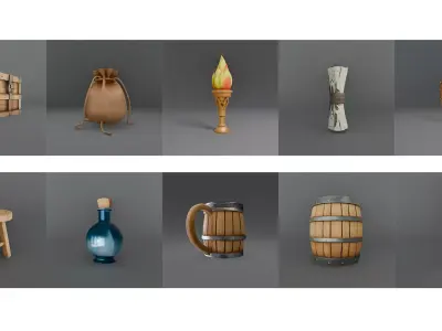 Stylized Fantasy Prop Pack 10 Assets for RPGs Games Low-poly 3D model