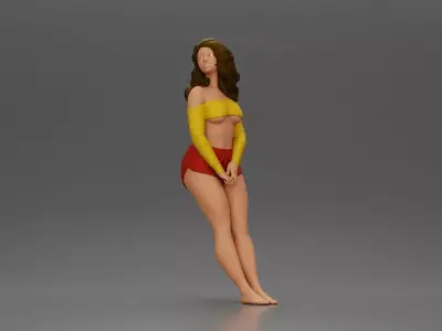 Woman in yellow top and red shorts leaning to wall 3D print model
