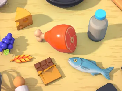 Cartoon Food Assortment with Meat Fish and Dairy 3D model