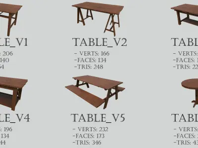 Pack of 6 Medieval Wooden Tables Low-poly 3D model