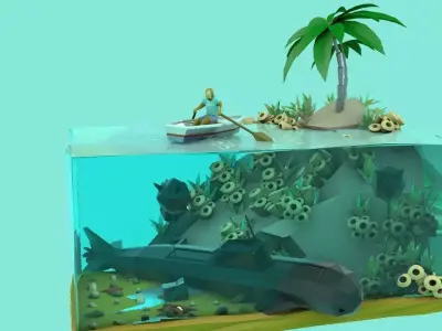 Lowpoly Submarine fish tank with boat and palm trees Low-poly 3D model